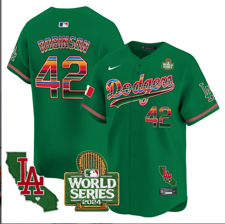 Men MLB Mexico Los Angeles Dodgers 42 Robinson green 2024 World Series Champions Patch Jersey 20241105